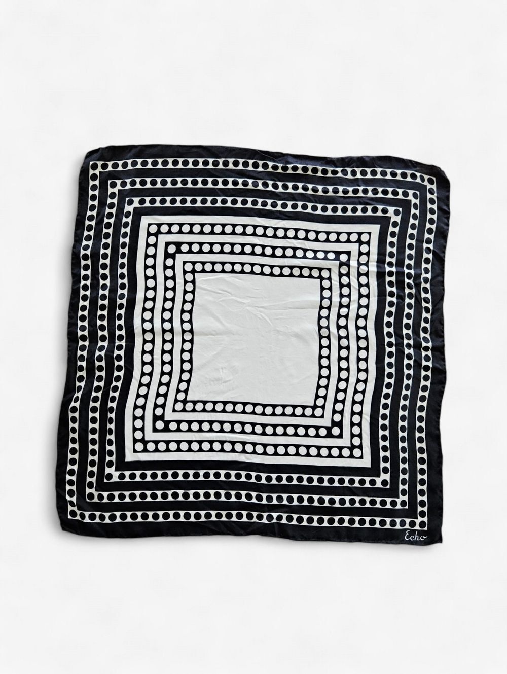 Echo 100% Silk "Dots Of Tulum" Black White Polka Dot Geometric Hand Rolled Scarf